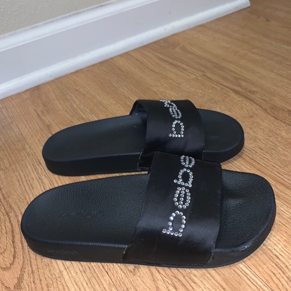 Bebe slippers slides black satin w/ rhinestones